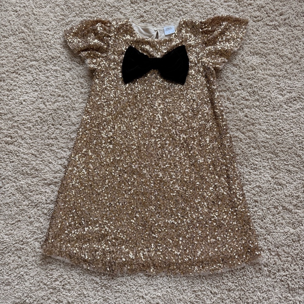Zara Gold Sequin Kids Dress with Black Bow